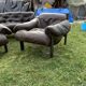 Set de 3 fauteuils et canapé Mid-Century en cuir marron et bois noir capitonné (1960s)
