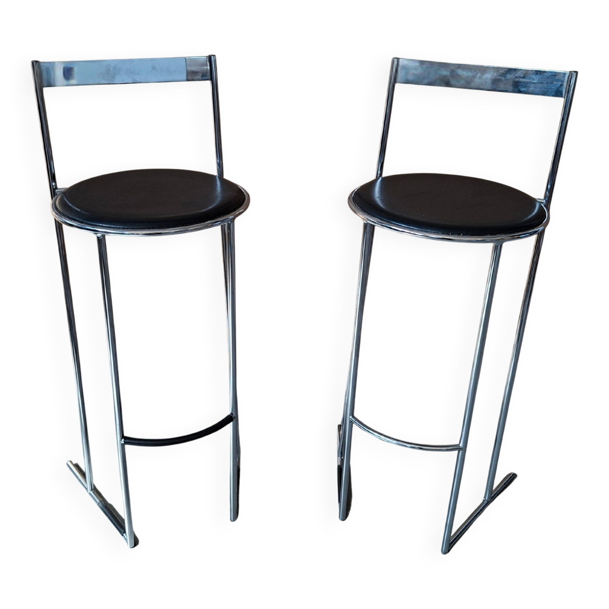 Paire de tabourets vintage des années 70 - Design minimaliste en chrome et cuir