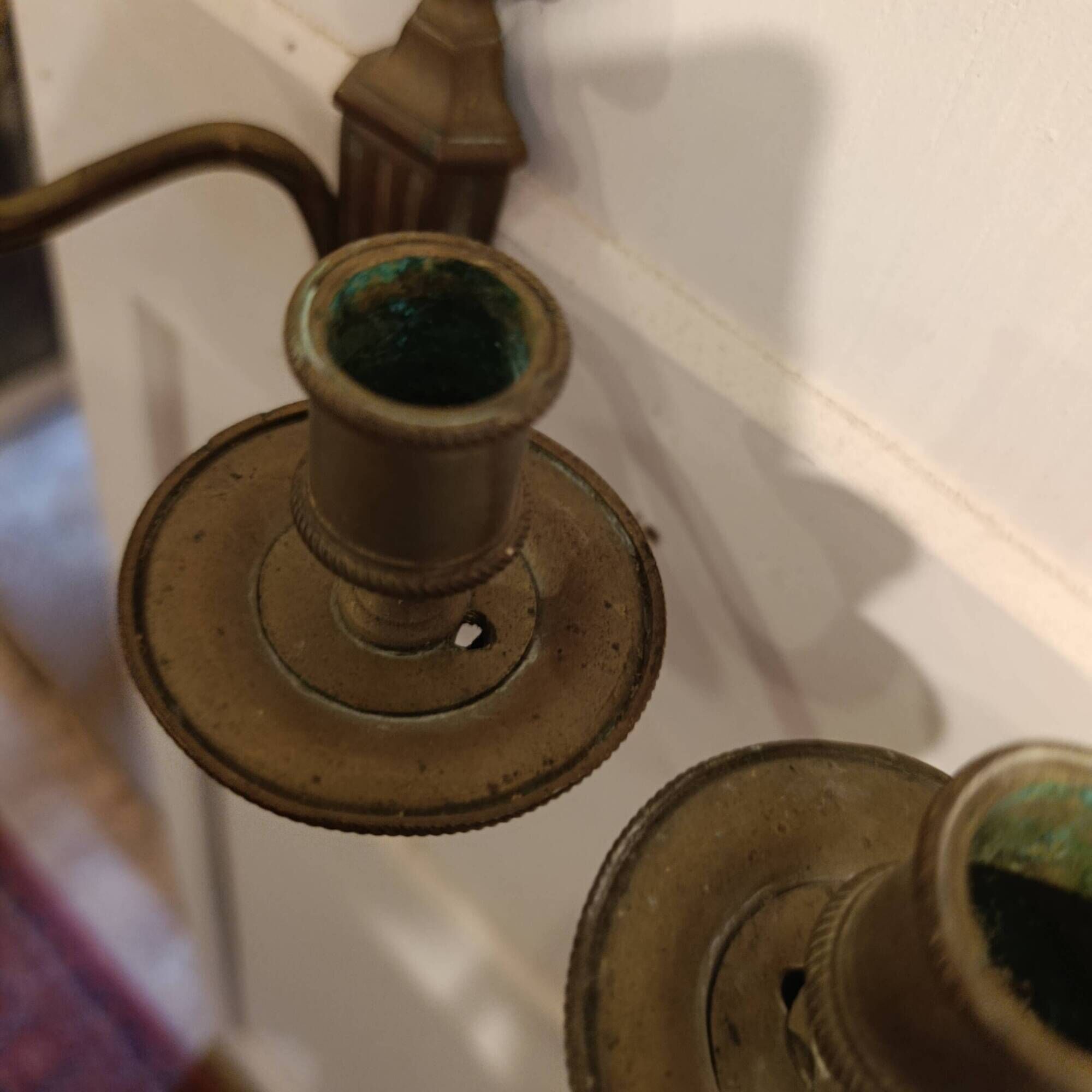 Pair of French bronze wall sconces, Louis XVI Neoclassical style, two-arm s