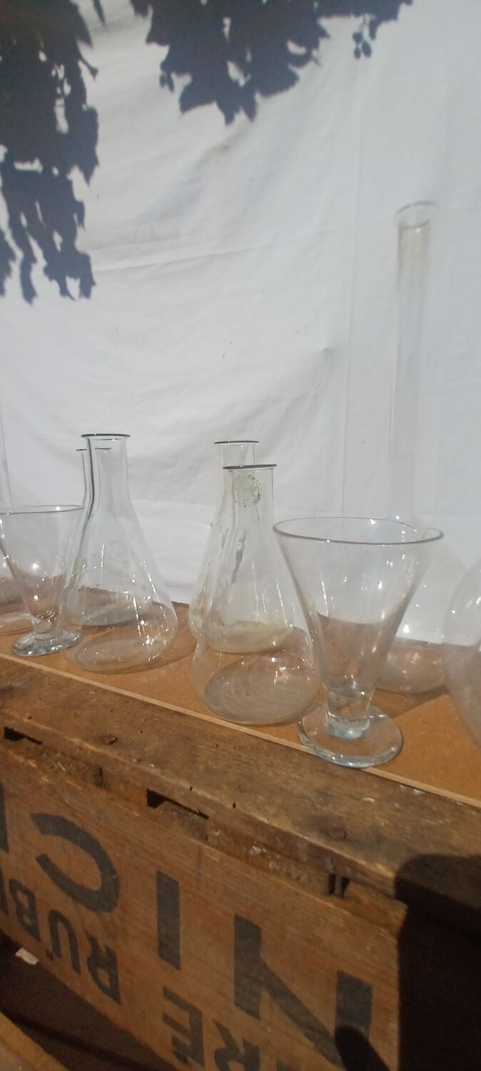 Lot of old soliflore vases chemistry laboratory equipment