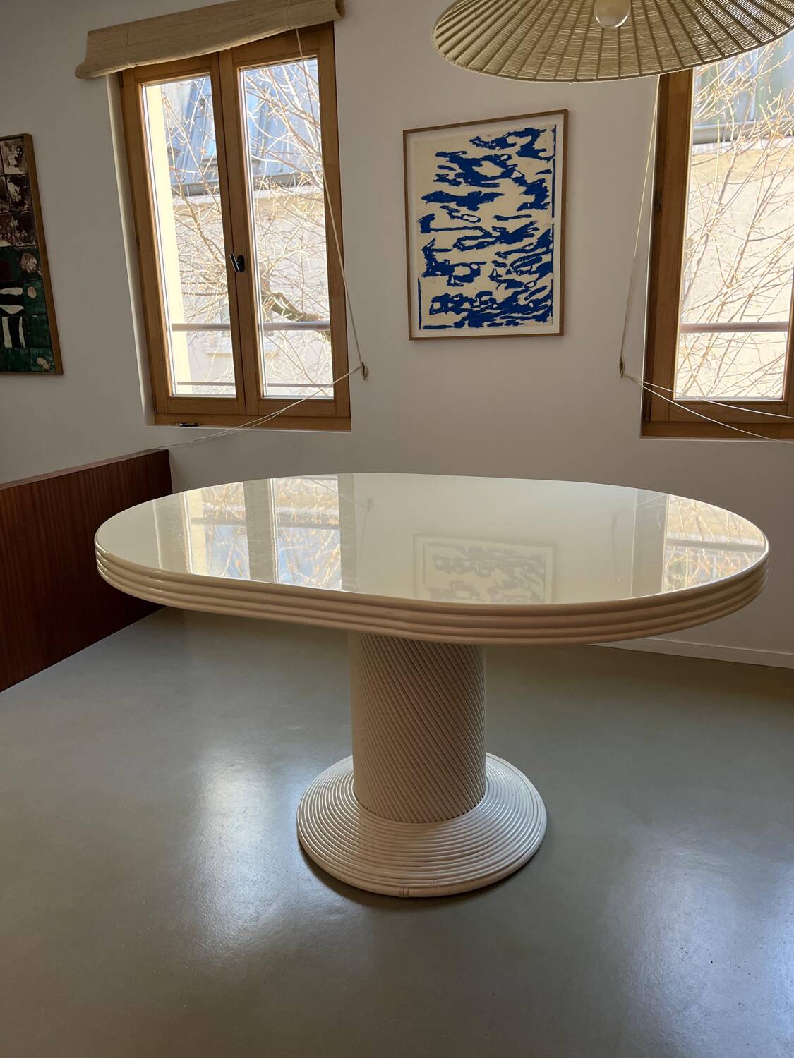 Vintage table, beige lacquered top and bamboo legs.