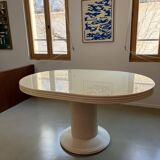 Vintage table, beige lacquered top and bamboo legs.