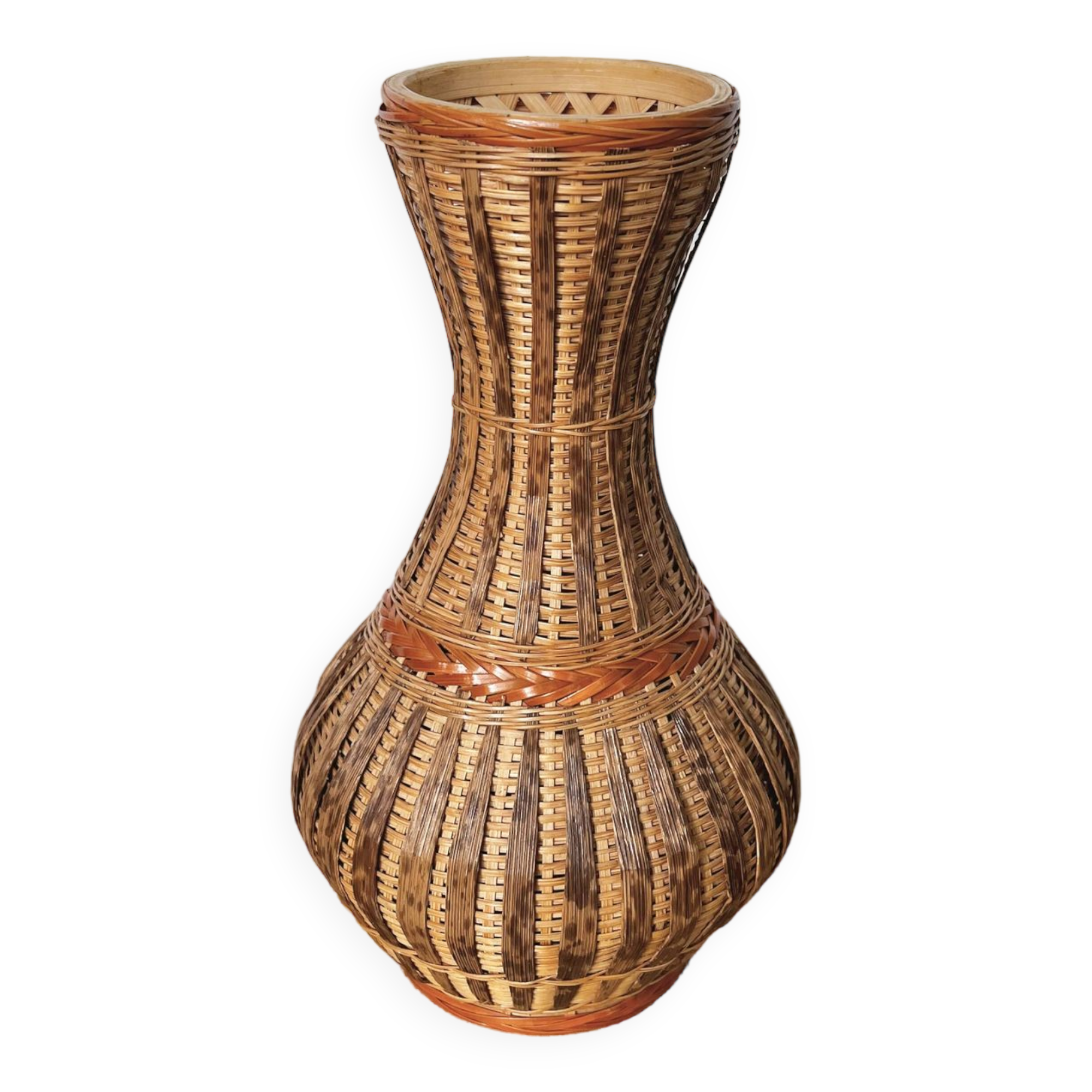 Wicker and woven bamboo vase