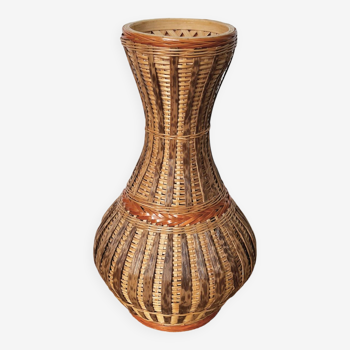 Wicker and woven bamboo vase