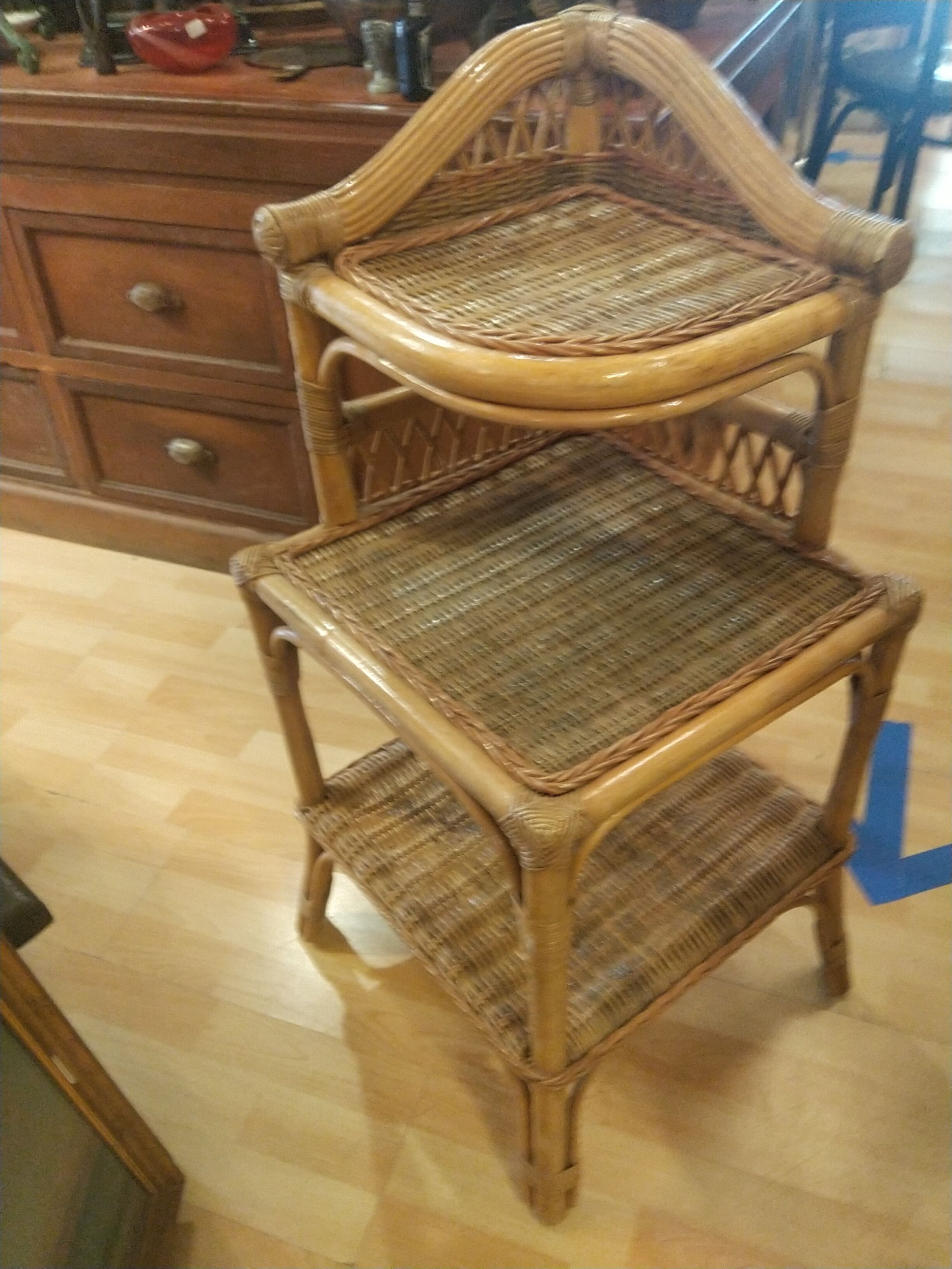 Corner shelf in bamboo and rattan, circa 1975