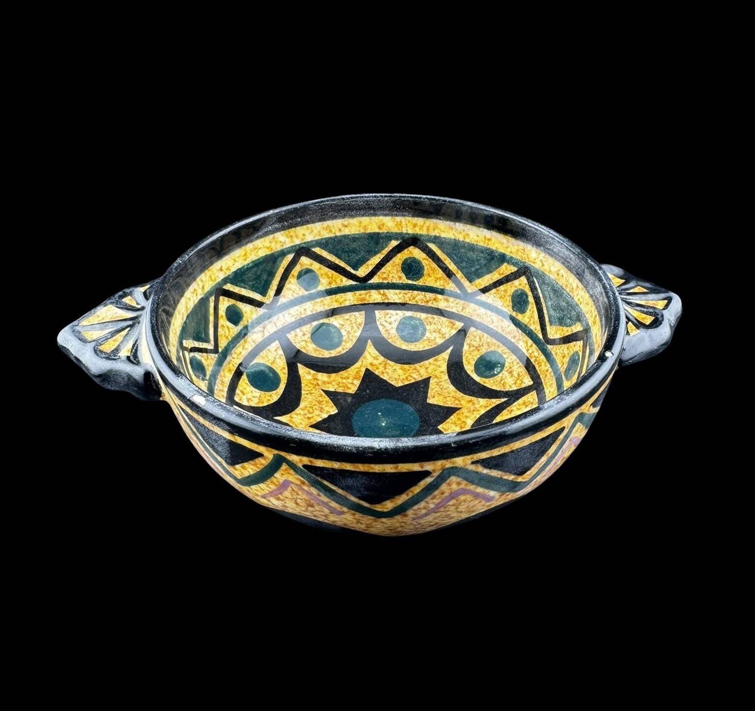 Earthenware Bowls St Jean de Bretagne Set of 4 Hand Decorated Geometric Black