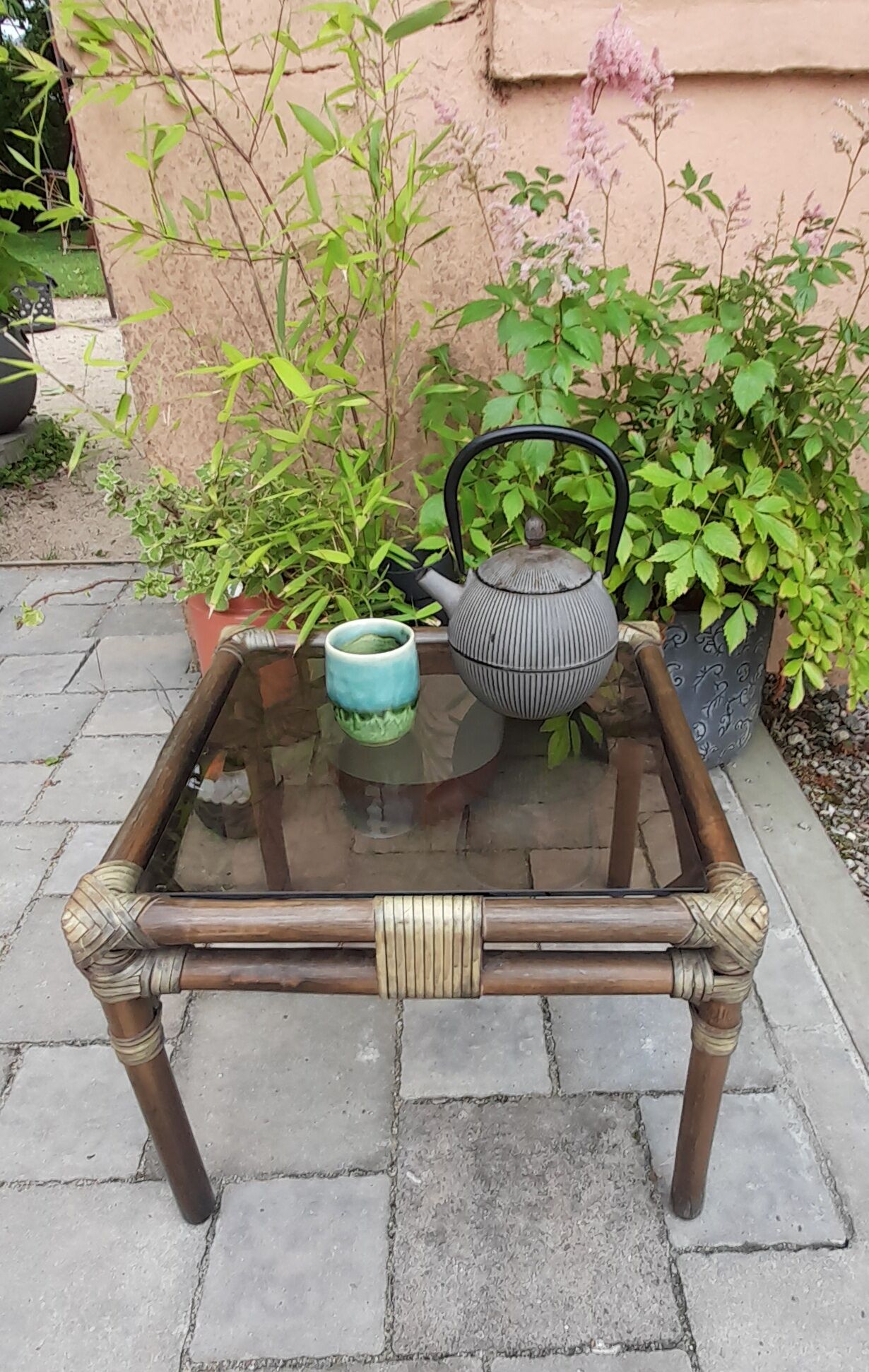 Square coffee table bamboo and smoked glass, vintage