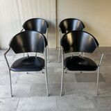 Set of four Italian black leather chairs, 1970