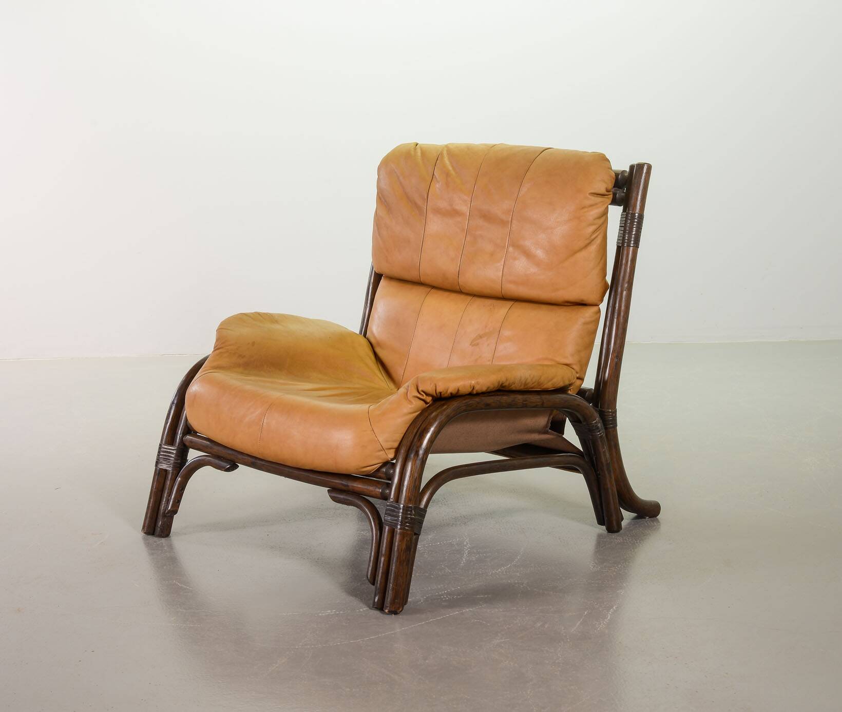 Brutalist Bentwood Bamboo Lounge Chair with Caramel Leather Upholstery, 60s