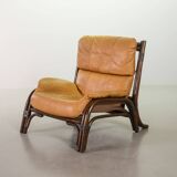 Brutalist Bentwood Bamboo Lounge Chair with Caramel Leather Upholstery, 60s