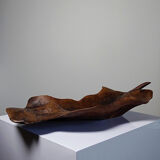 Large monoxyle bowl made of dark raw olive wood from the 1950s.