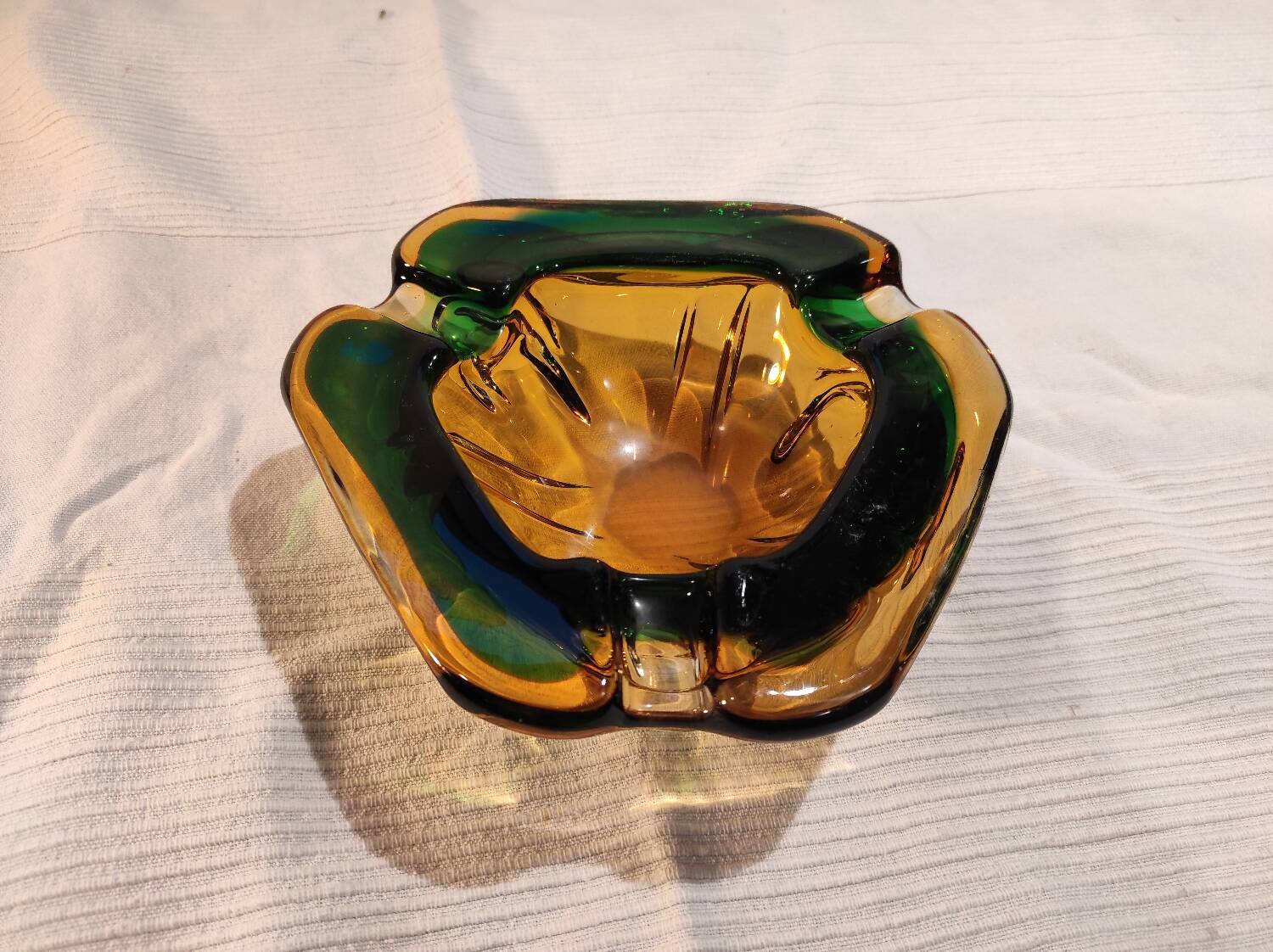 Murano green and yellow blown glass ashtray, 1970