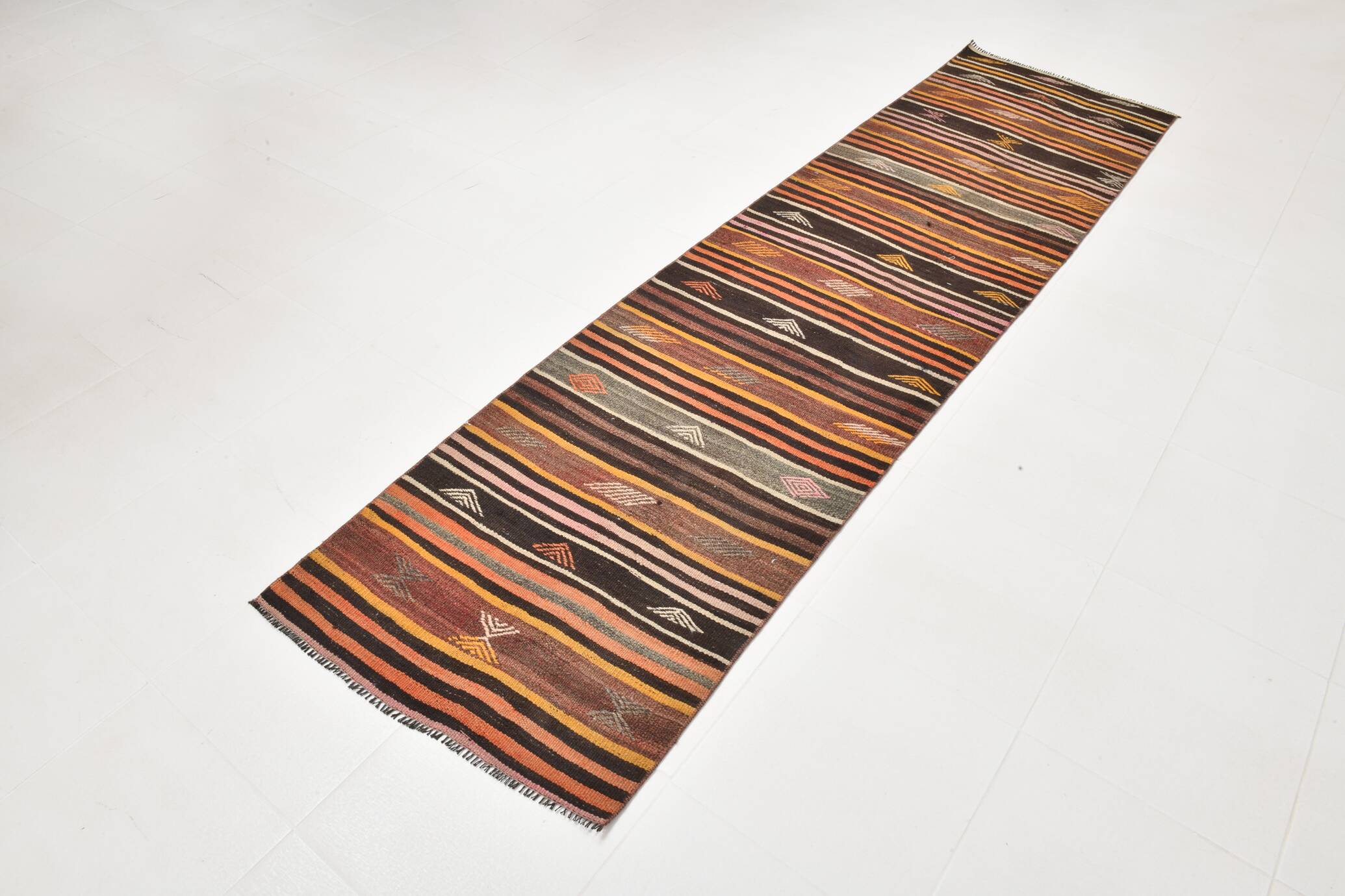 Brown & Red Striped Vintage Kilim Runner Rug, 79x299Cm