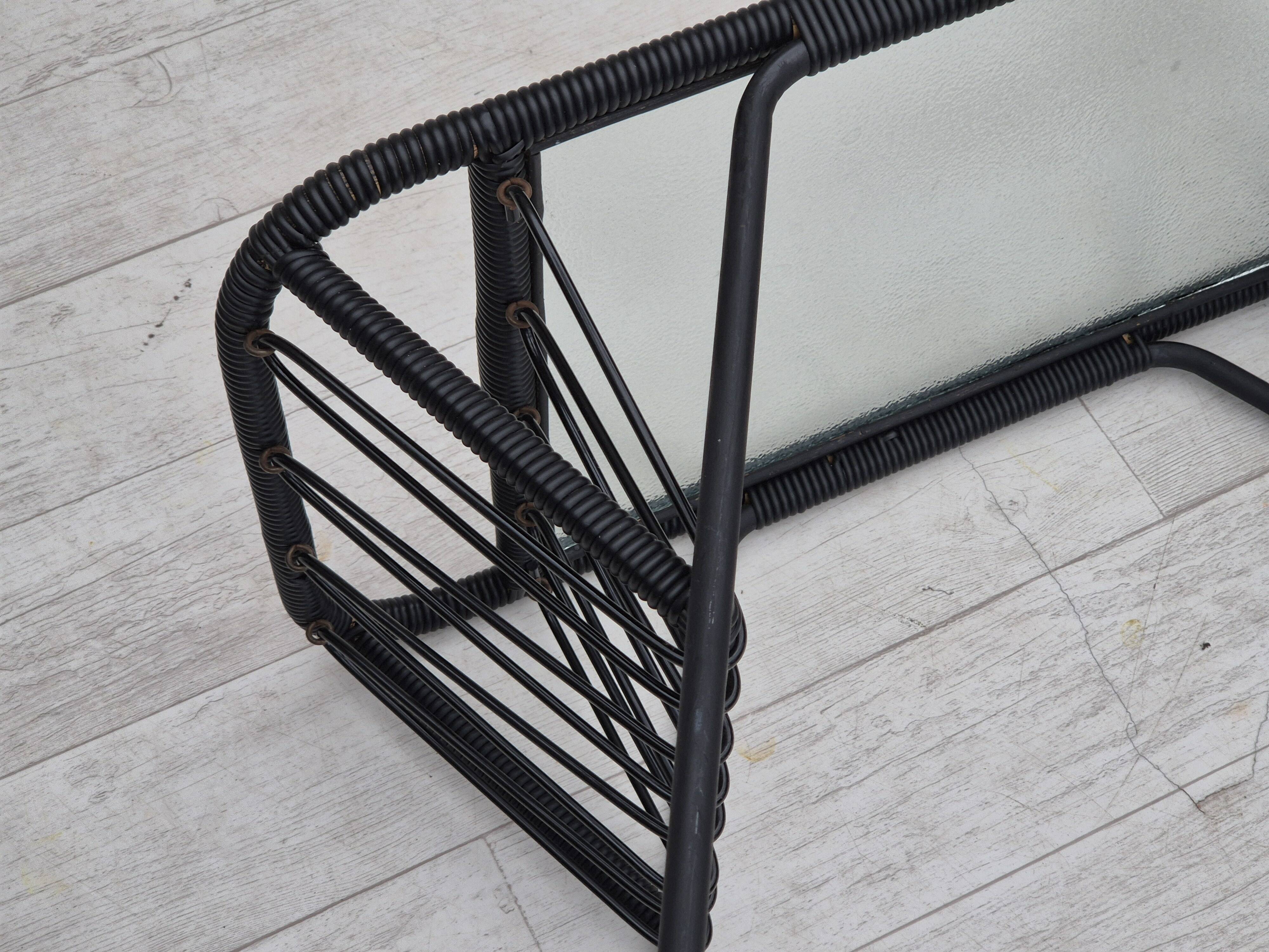 1970s, Scandinavian side table, original condition, glass, wood, metal, plastic rope.