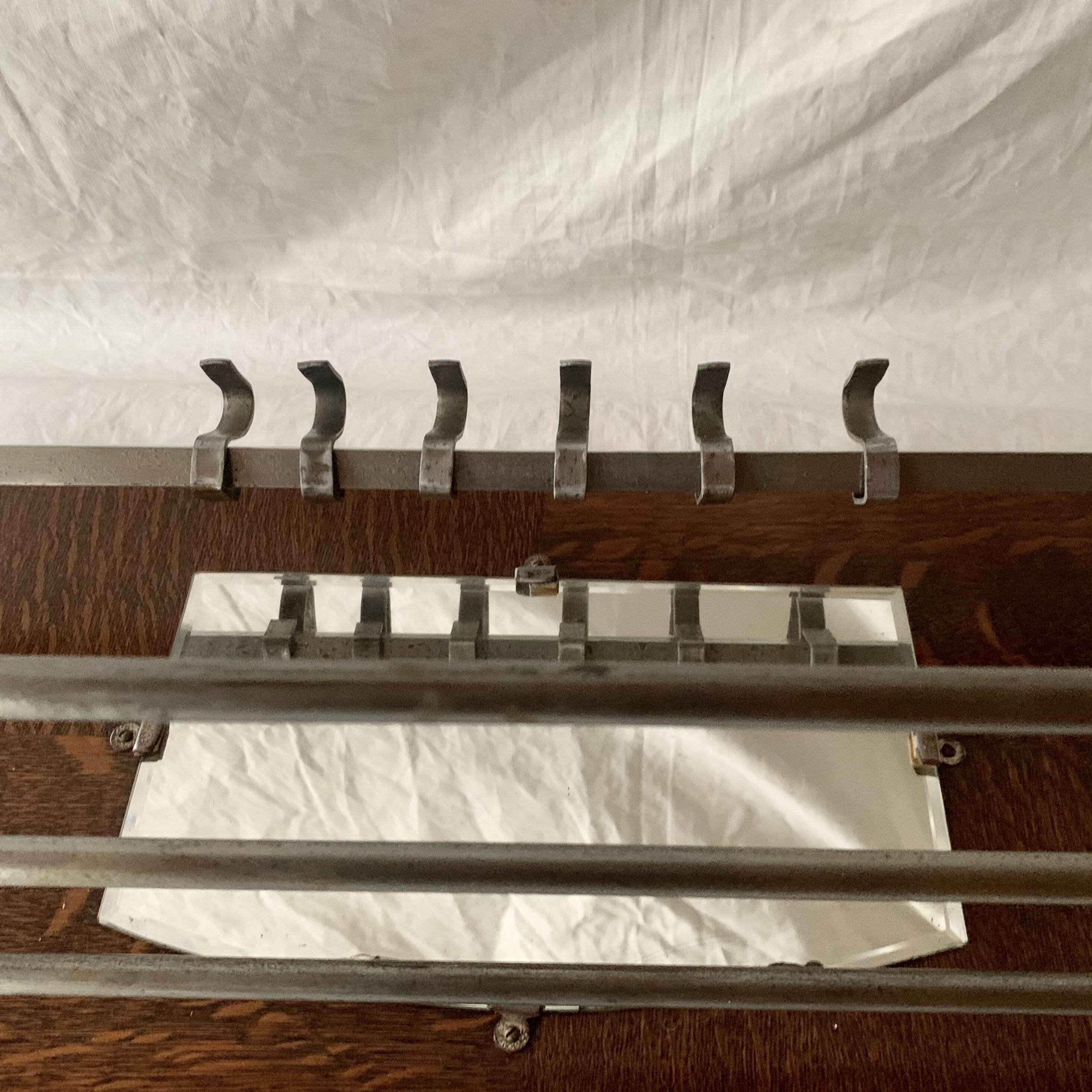 Large Art Deco wall-mounted coat rack in wood and chrome metal with mirror