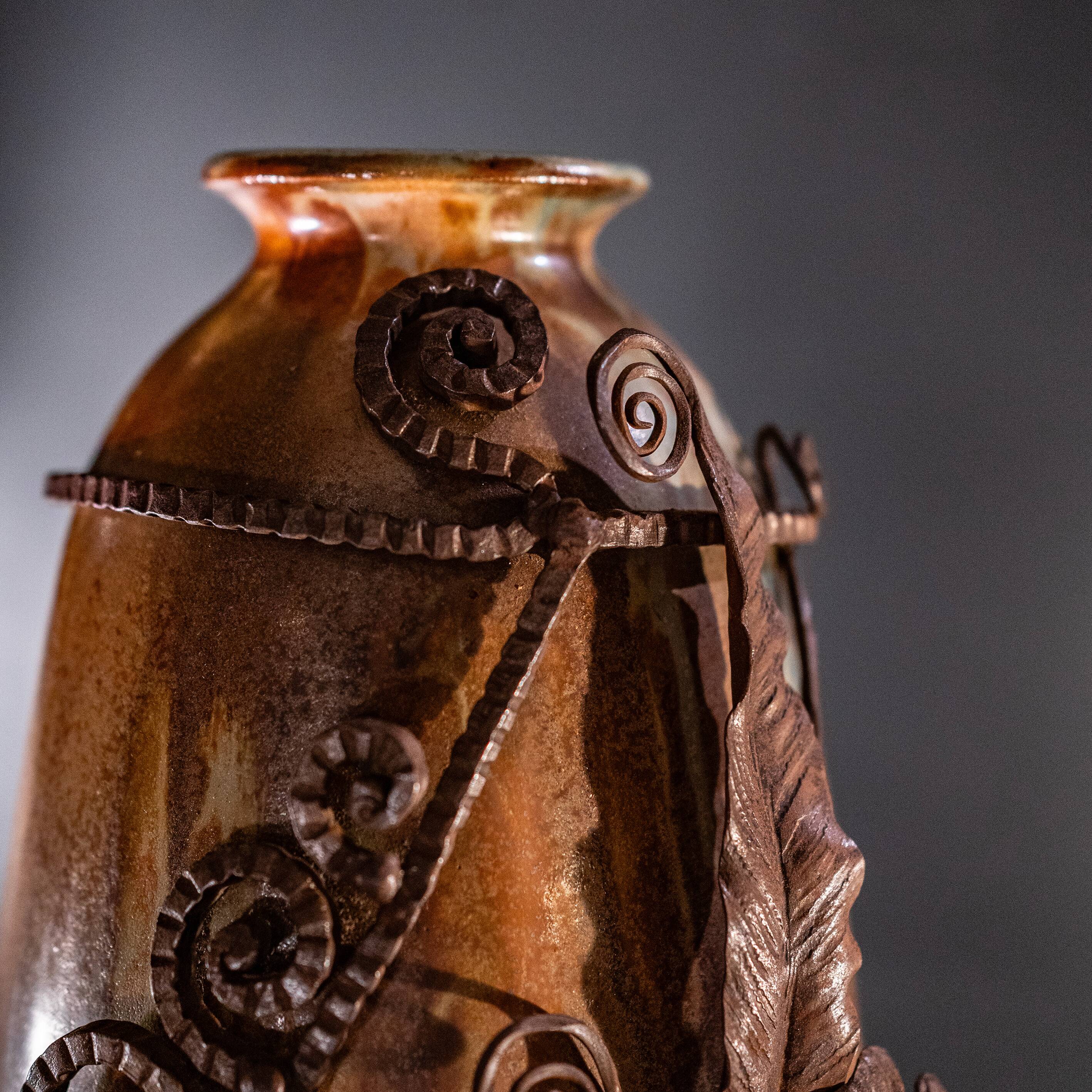 stoneware shell vase, wrought iron frame, roger guerin & francois carion, bouffioulx ca 1920