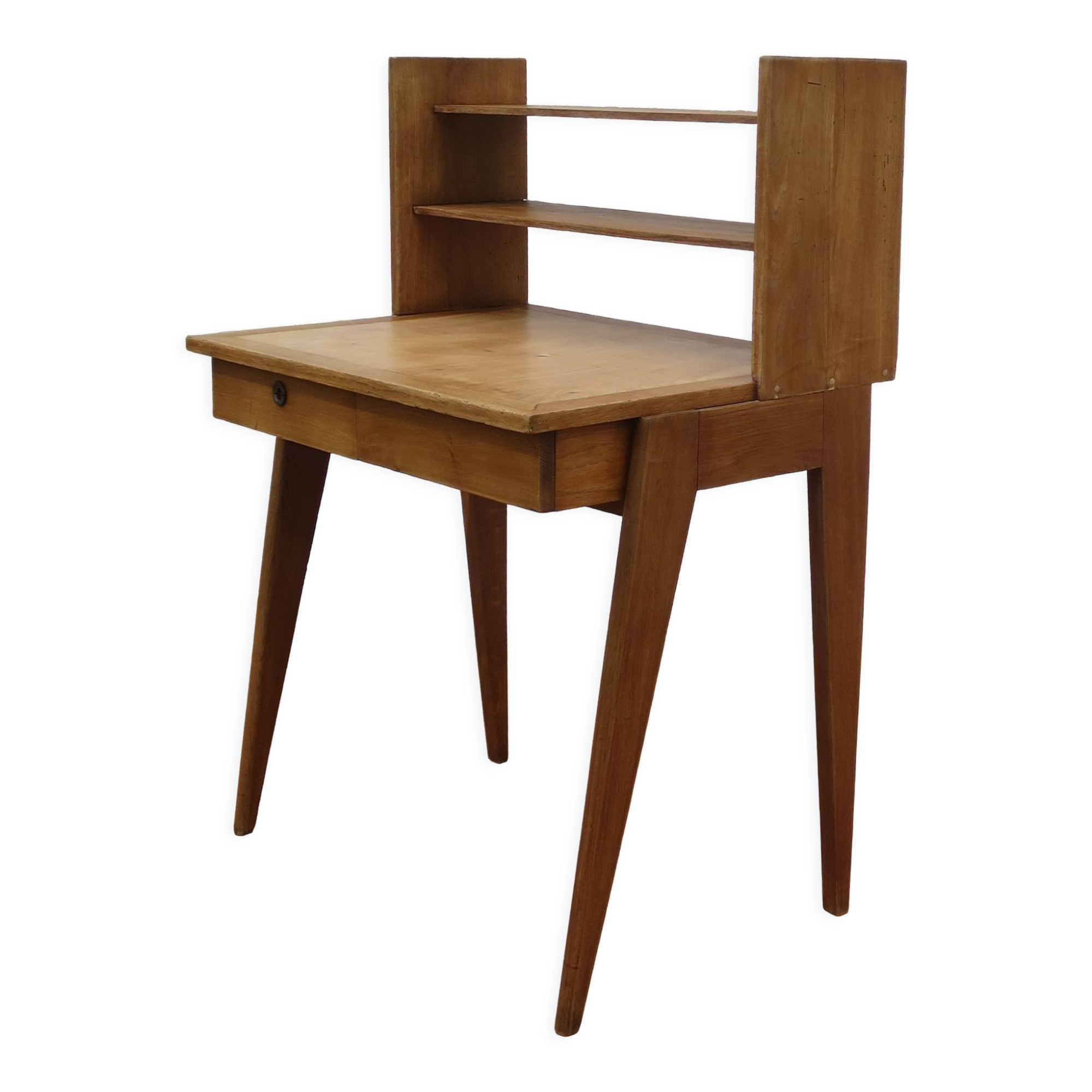 Bureau vintage pieds compas bois massif étagères