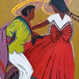 Mid-Century Modern "Mexican Dancers" Swedish Figurative Oil Painting, Framed