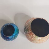 Set of two hand lacquered glass ball vases signed "Laque Line" and "Jean-Noel Bouillet"