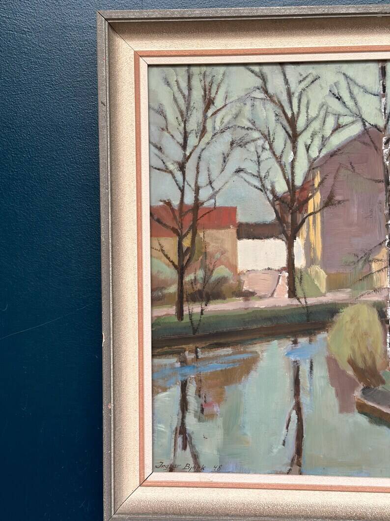 Original Swedish Oil on Canvas - "Landscape with Trees and Buildings" by Ingvar Björk - 1948 - Vintage - Framed - 62 × 48 cm (24.4" × 18.9")