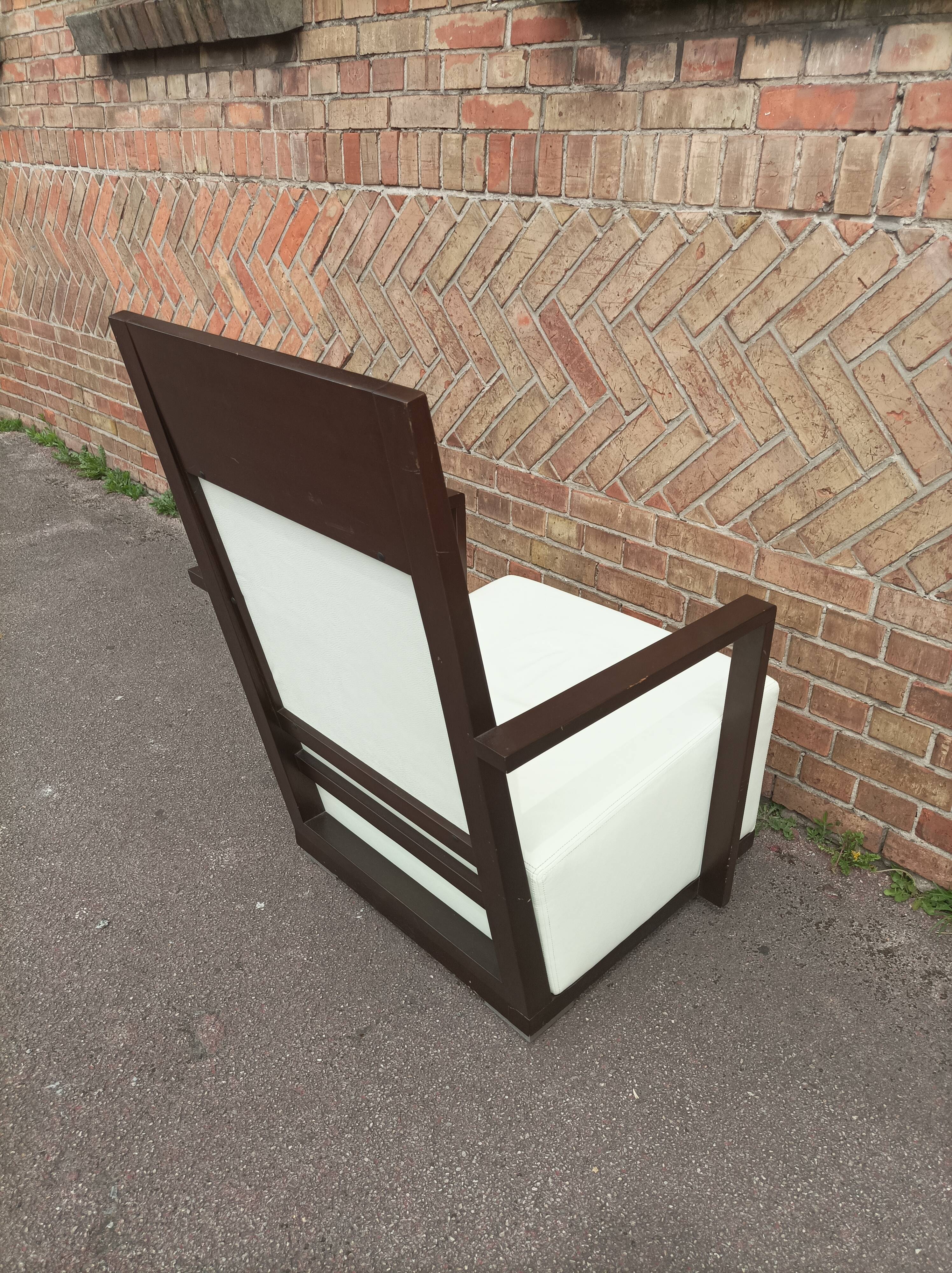 Old armchair white leather art deco design André sornay