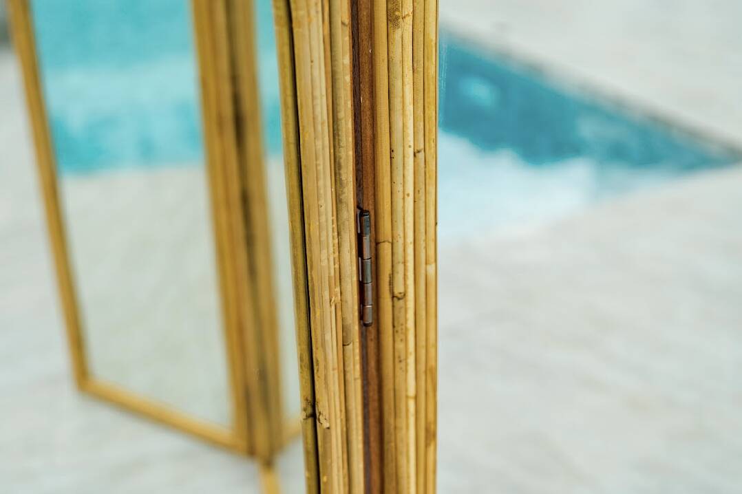 3-panel rattan and mirrored room divider