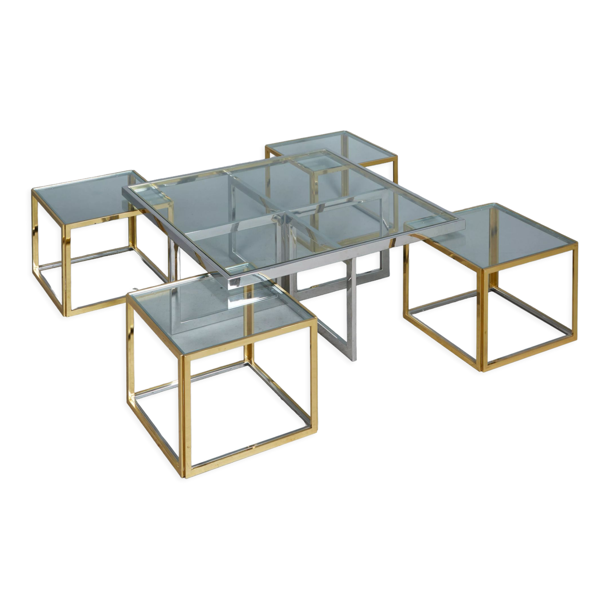 Brass and chrome coffee table with four nesting tables 1970