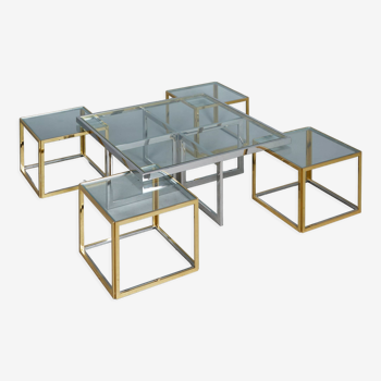Brass and chrome coffee table with four nesting tables 1970