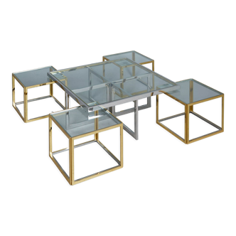 Brass and chrome coffee table with four nesting tables 1970