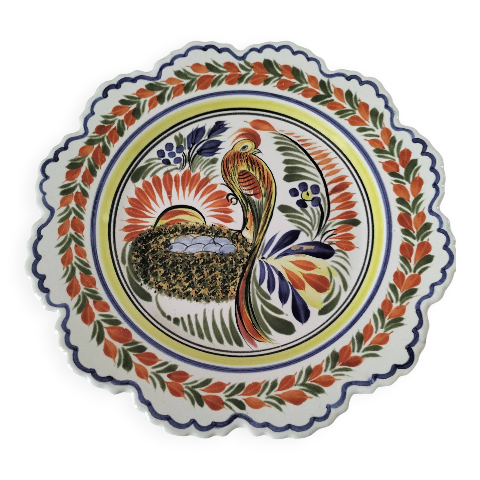 Henriot Quimper plate – pheasant motif – scalloped edge – F14 decoration