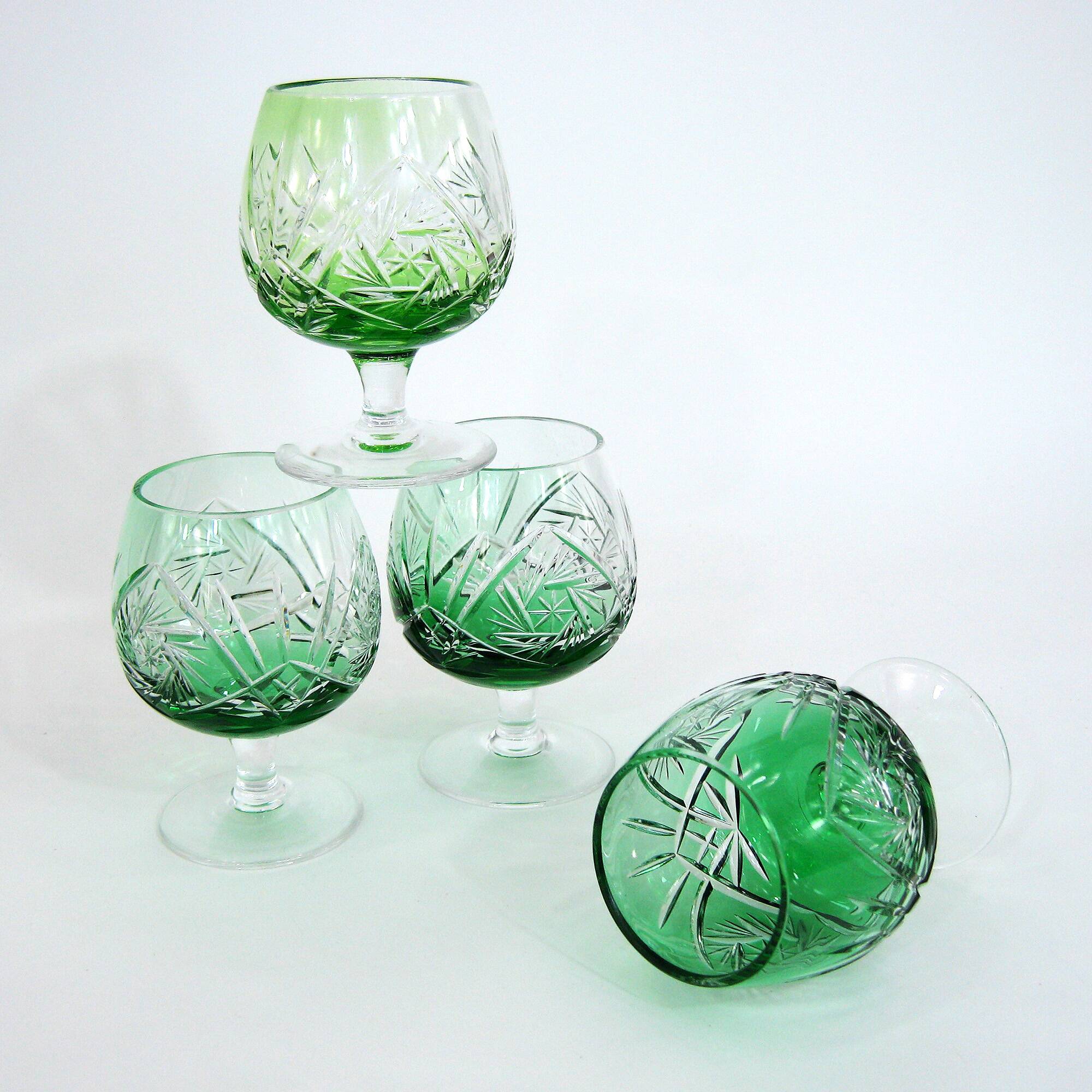 4 green cut crystal liqueur glasses - made in Germany - vintage 60s
