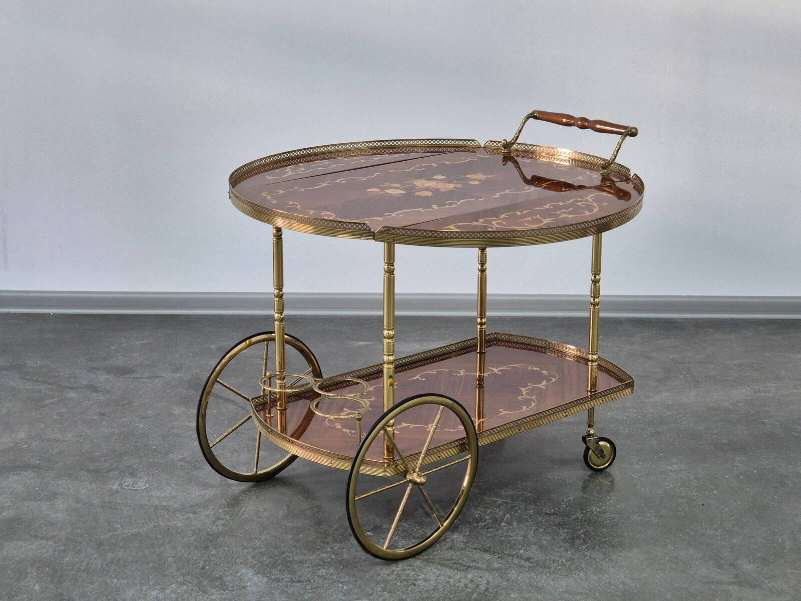 1970s drinks bar cart with side flaps in marquetry