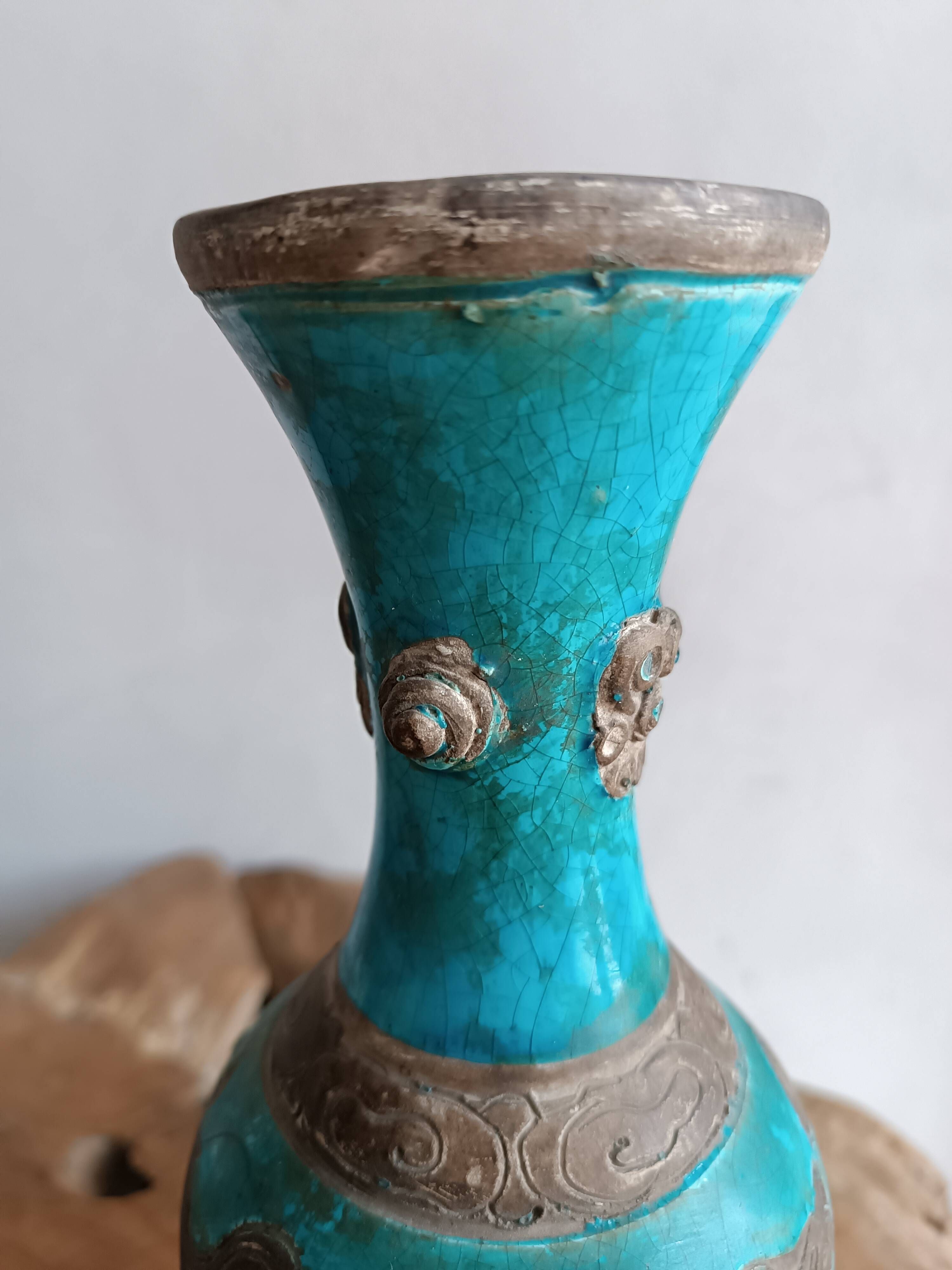 Ugo zaccagnini turquoise ceramic vase with dragon decoration