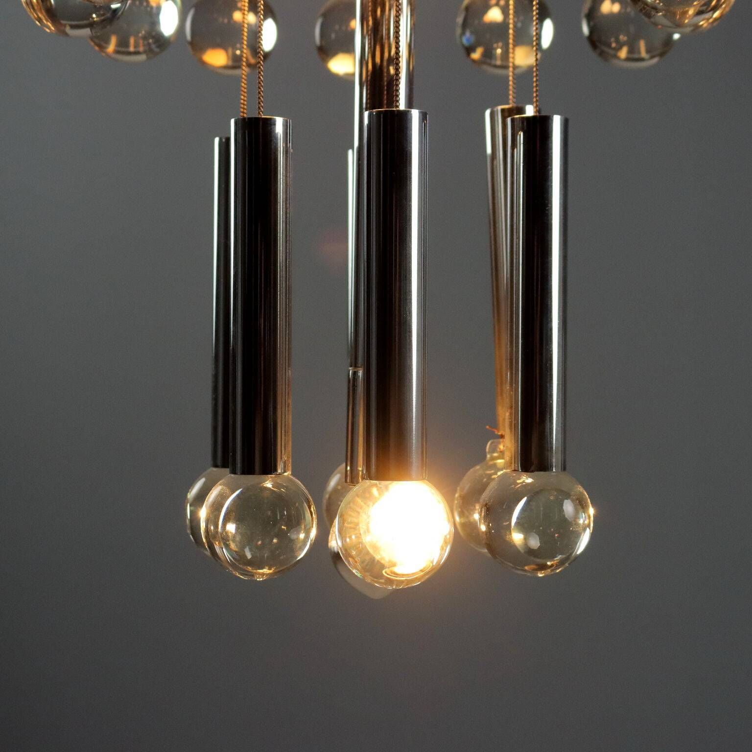Vintage Italian chandelier, chrome-plated metal and glass design, original