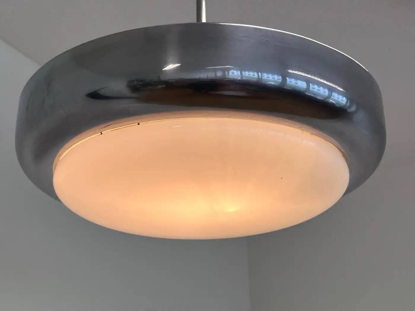 Big chrome milk glass Bauhaus pendant / lamp - 1930s