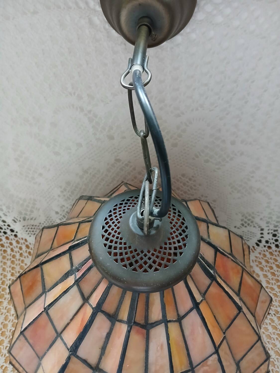 Antique stained glass and bronze pendant light