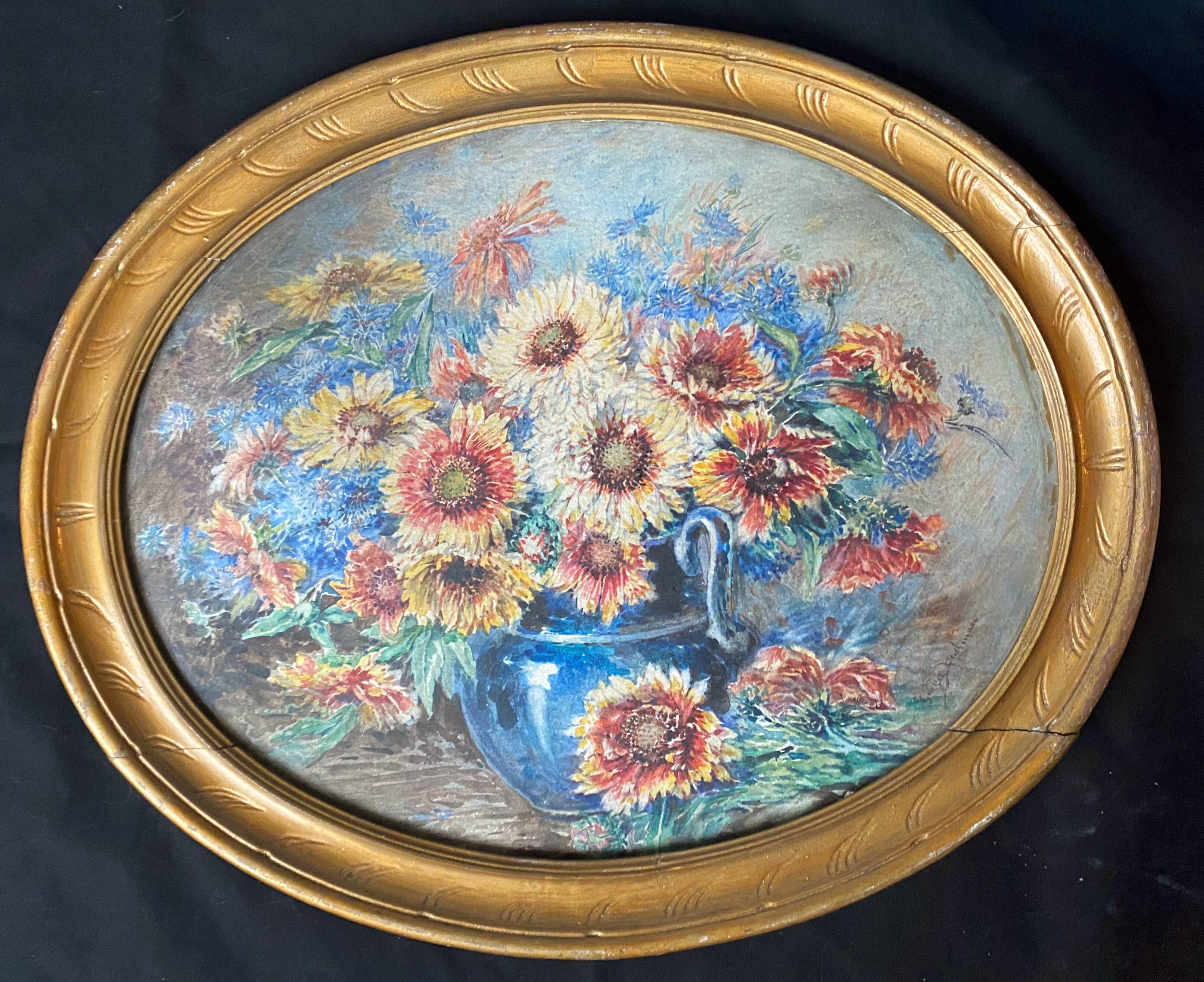 Watercolor painting "Bouquet of flowers in vase" signed + frame early XX °