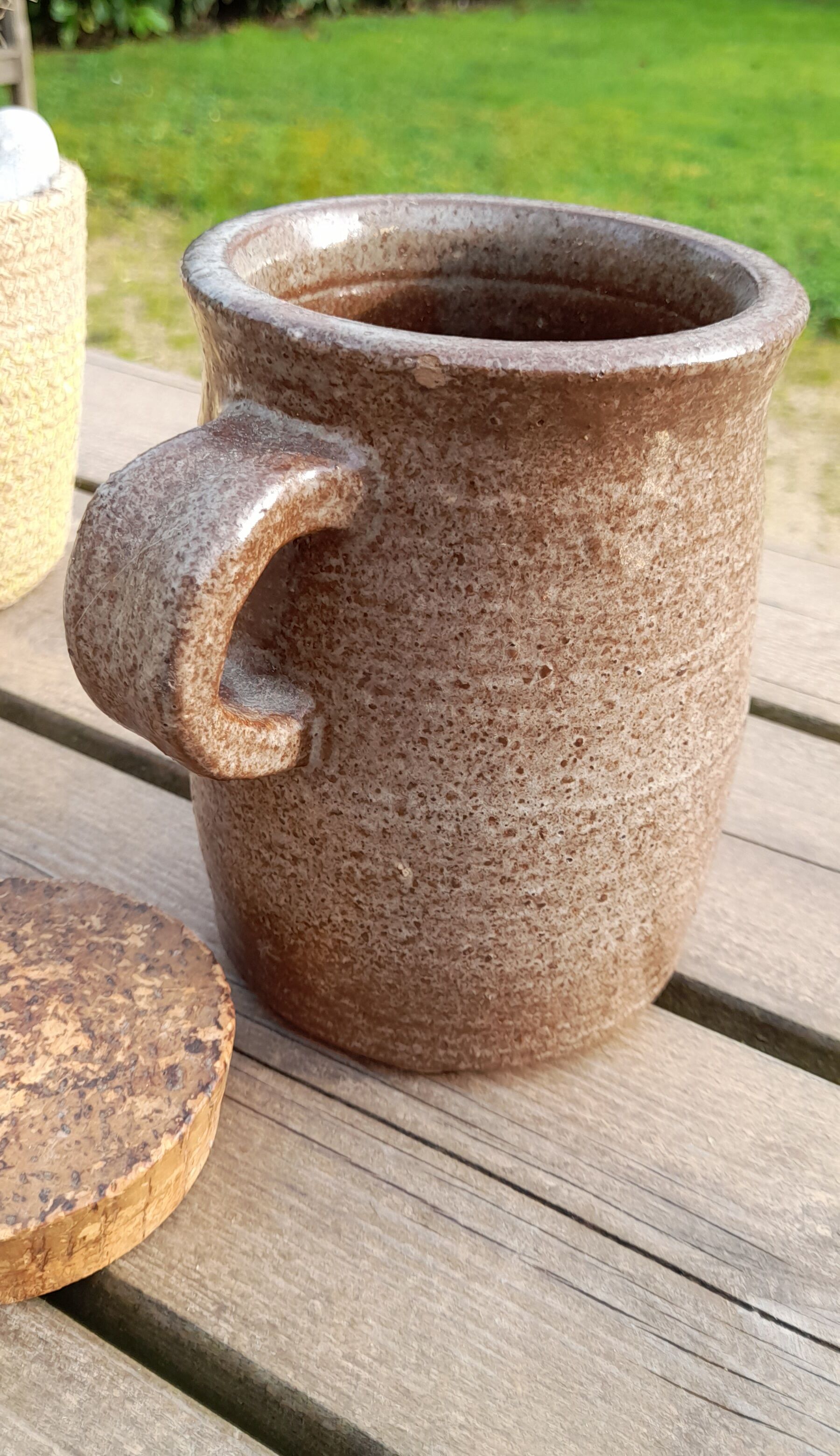 Old condiment pot in glazed pyrity sandstone, with cork lid, mid century