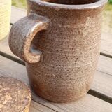 Old condiment pot in glazed pyrity sandstone, with cork lid, mid century