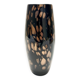 Vase en verre de Murano noir attribué à Vetreria Nason avec aventurine bronze, Italie