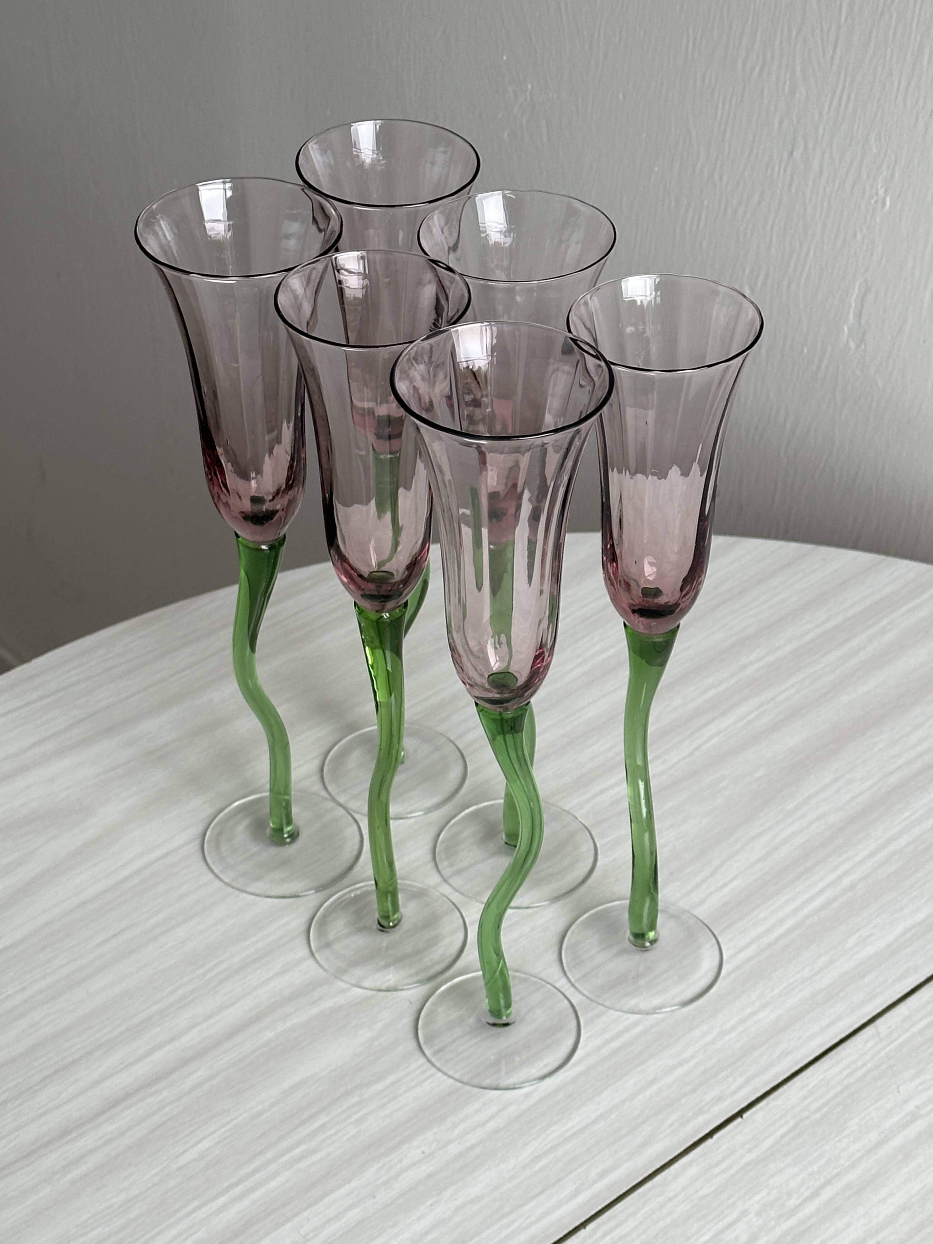 Set of 6 blown glass champagne glasses, green twisted feet