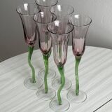 Set of 6 blown glass champagne glasses, green twisted feet