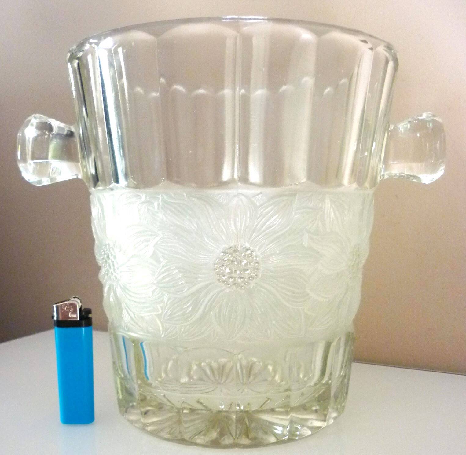 Champagne bucket, Art Deco style and period, thick, molded, frosted crystal