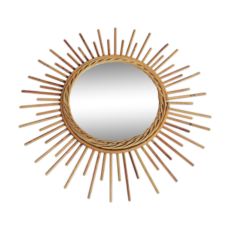 Miroir soleil vintage en rotin des années 50  52x52cm