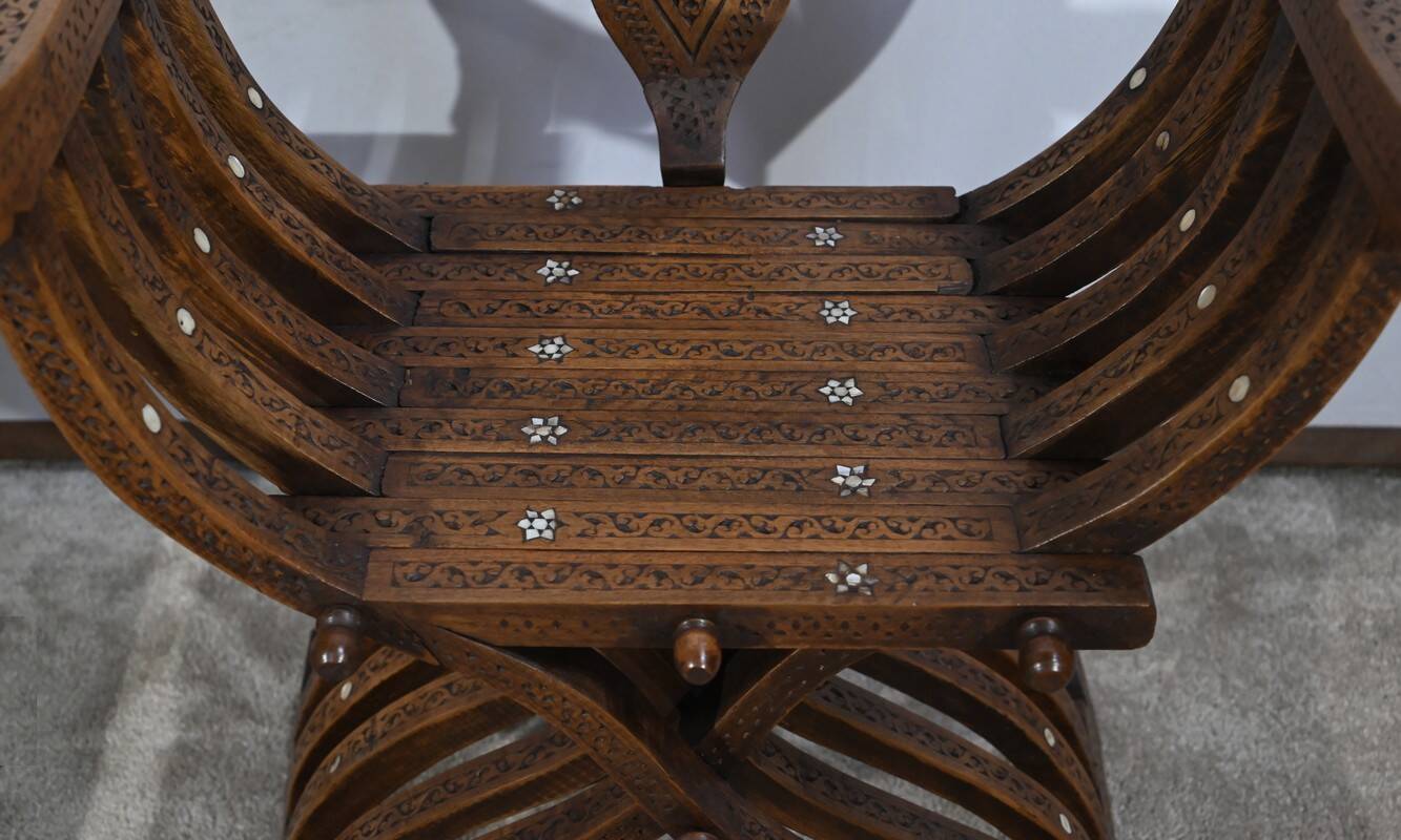 Pair of Savonarola Syrian Walnut Armchairs – Late 19th Century