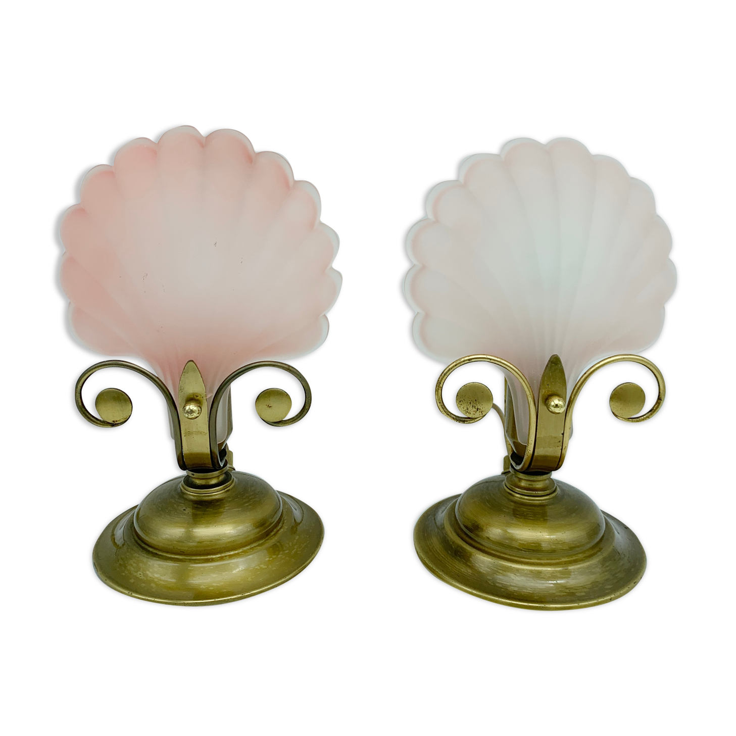 Pair of vintage brushed glass and brass shell lamps