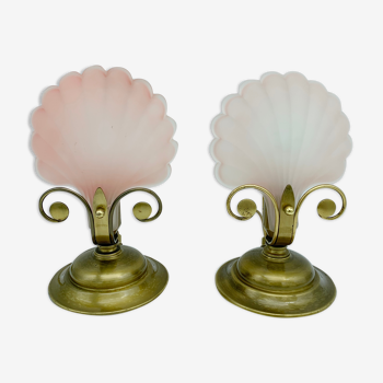 Pair of vintage brushed glass and brass shell lamps