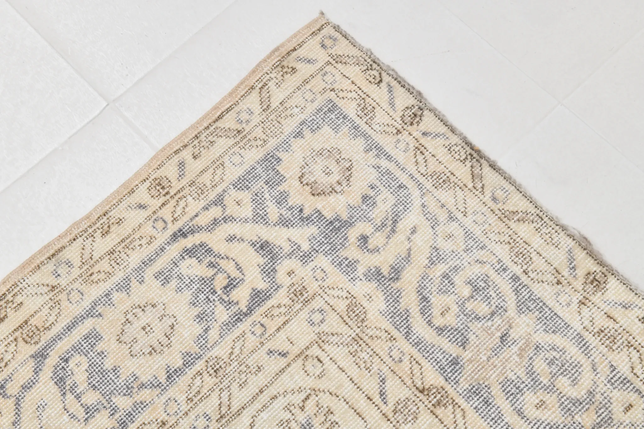 Turkish Pale Yellow & Pale Blue Vintage Rug, Oriental Pattern Wool Carpet