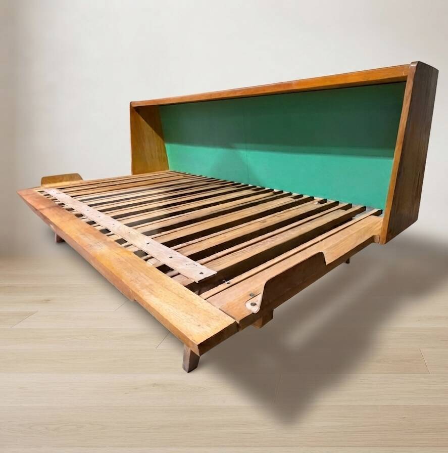 Mid-century wooden folding sofa bed frame, extendable daybed, Czechoslovakia, 190 × 151 × 77 cm