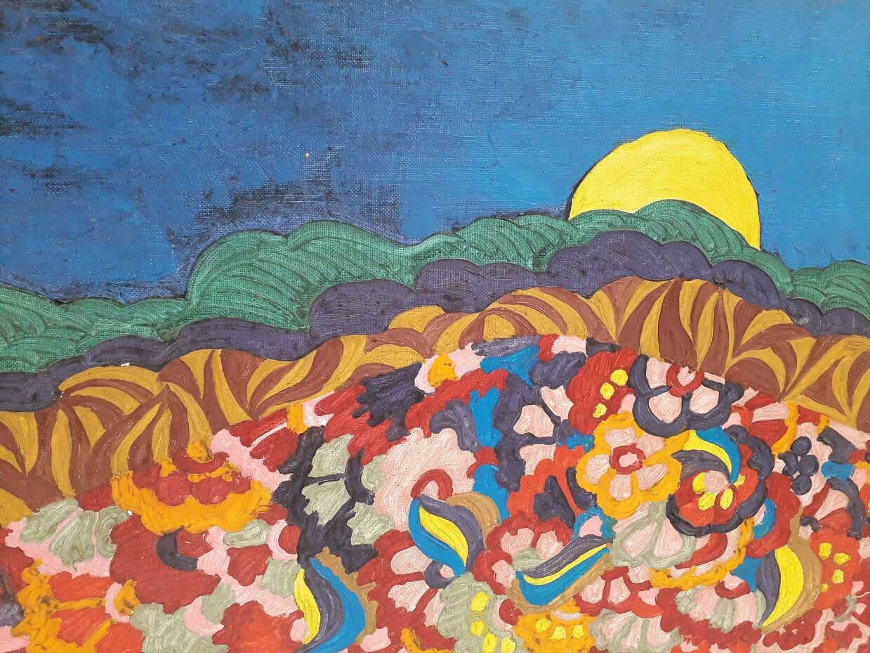 Old oil painting on canvas stamped from the 70s